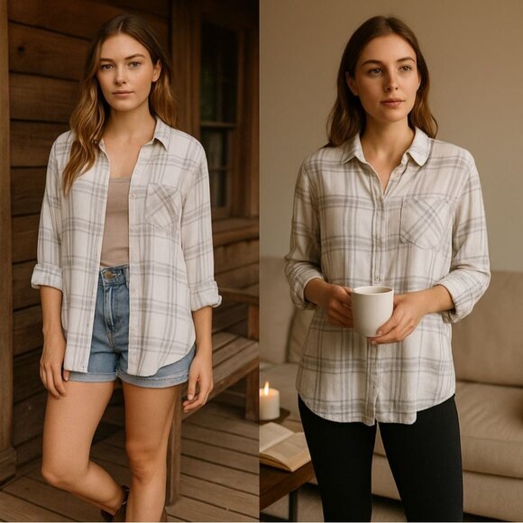 Well Worn Women Gray Plaid Super Soft Top S Clean Girl Fall Layer Light Academia - Picture 2 of 13